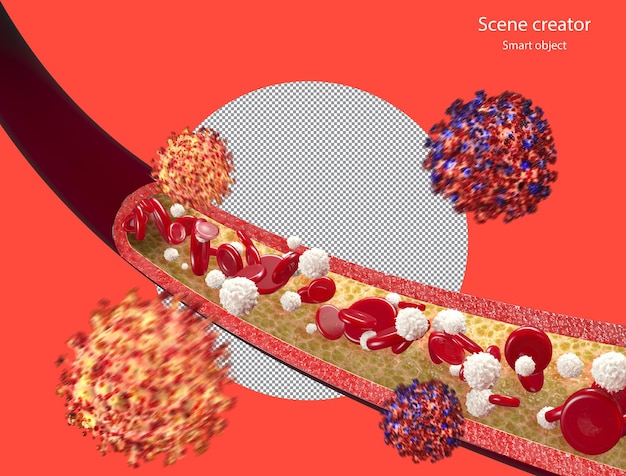 3d czerwone krwinki i wirus przepływający przez ścieżkę przycinającą żyły