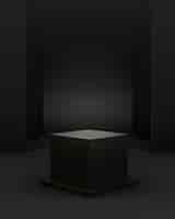 Bezpłatny plik PSD 3d geometryczna czarna scena z kostką na podium i edytowalnym światłem do lokowania produktu
