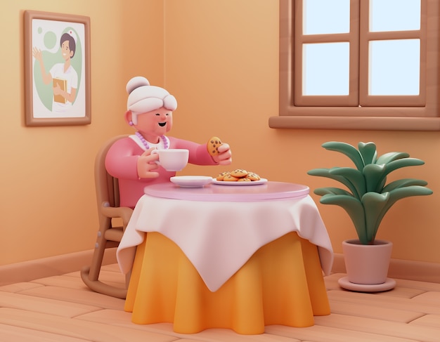 Bezpłatny plik PSD 3d ilustracja dla domu opieki z kobietą mającą herbatę i ciastka