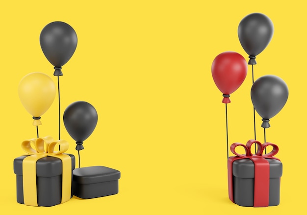 3d ilustracja do sprzedaży w czarny piątek z balonami i prezentami