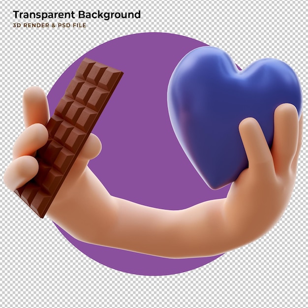 Bezpłatny plik PSD 3d ilustracja kocham czekoladę i rękę 2 odpowiednią na walentynki