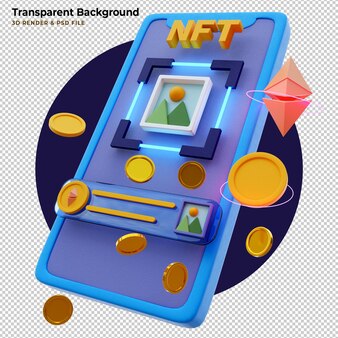 3d kup token kryptograficzny nft za pomocą aplikacji na telefon komórkowy. niewymienny token i smartfon z aplikacją do kupowania kryptowalut. token nft w technologii blockchain. ilustracja 3d aplikacja crypto art.