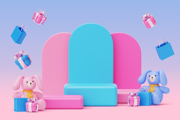 Bezpłatny plik PSD 3d niebieska i różowa płeć ujawnia podium z zabawkami