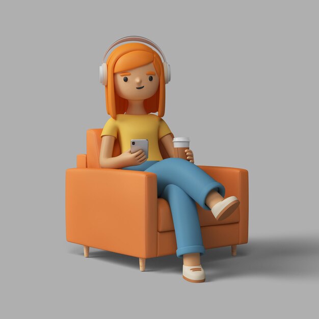 3D postać kobiety siedzi w fotelu ze słuchawkami i filiżanką kawy