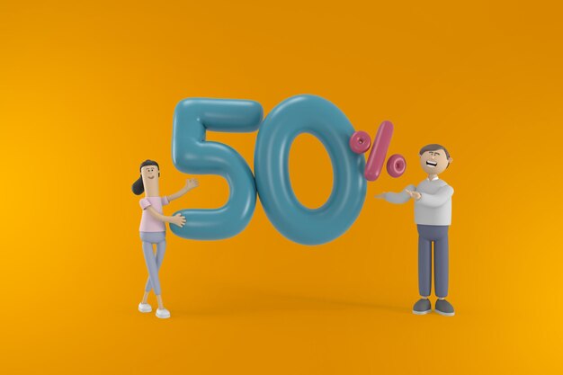 3D postać młodego mężczyzny i kobiety w koncepcji marketingu biznesowego