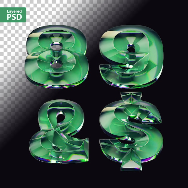 Bezpłatny plik PSD 3d renderowanie zestawu czcionek z literami wykonanymi z błyszczącego zielonego szkła