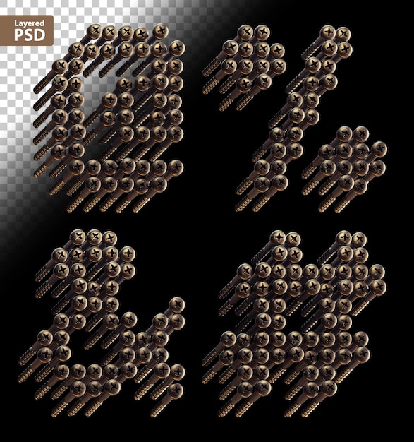 Bezpłatny plik PSD 3d renderowany zestaw czcionek wykonany z wielu brązowych śrub vintage