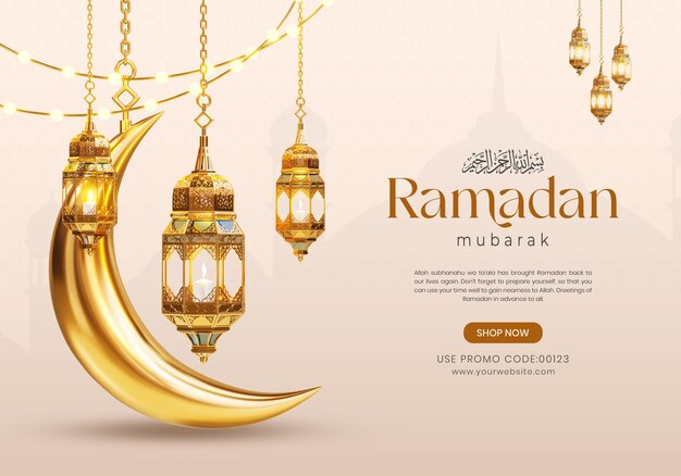 3d szablon transparentu mediów społecznościowych ramadan kareem z półksiężycem i islamskimi lampionami