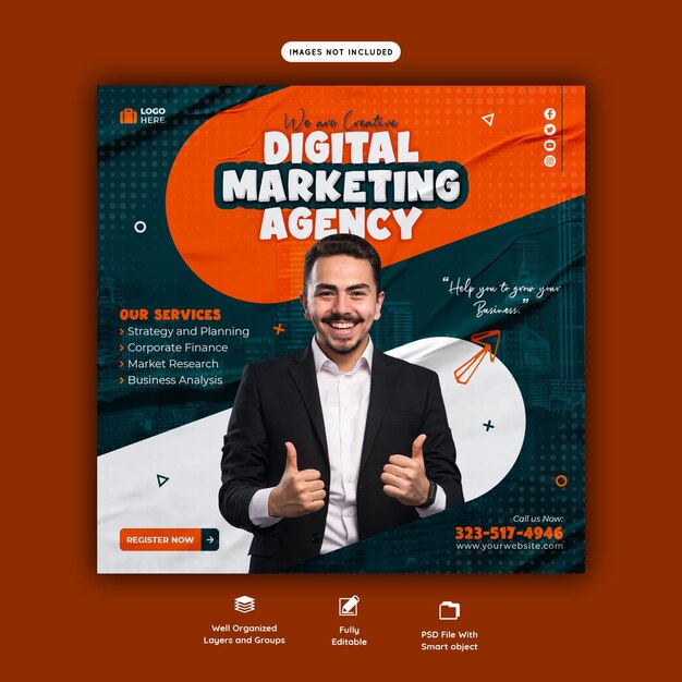 Agencja marketingu cyfrowego i szablon postu w korporacyjnych mediach społecznościowych
