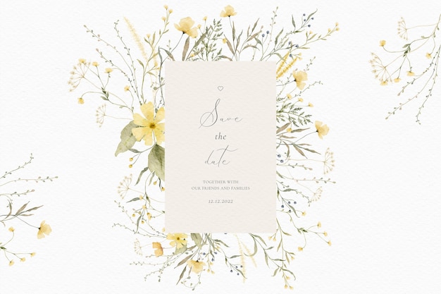 Bezpłatny plik PSD akwarelowa kartka ślubna z delikatnymi kompozycjami kwiatowymi