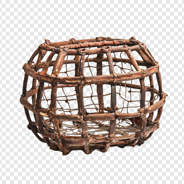Bezpłatny plik PSD antique rustic fishing lobster pot brown wooden cage spherical netting weathered texture vintage fish trap old maritime gear nautical decor coastal artifact ocean fishing equipment
