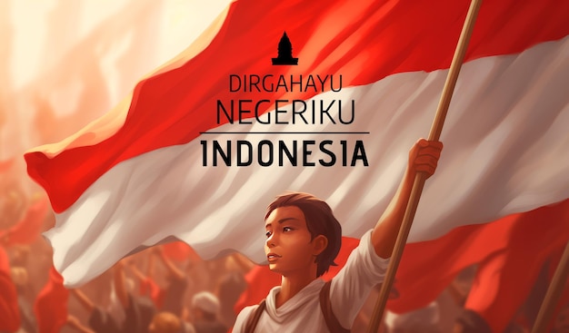 Baner Obchodów Niepodległości Indonezji Z Ilustracją Mężczyzny Z Flagą