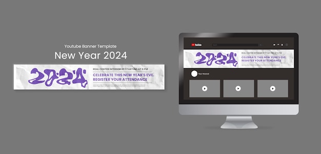 Bezpłatny plik PSD baner youtube z okazji nowego roku 2024