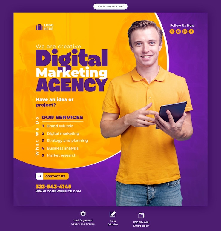 Bezpłatny plik PSD banner agencji marketingu cyfrowego i korporacyjnych mediów społecznościowych lub szablon postów na instagramie