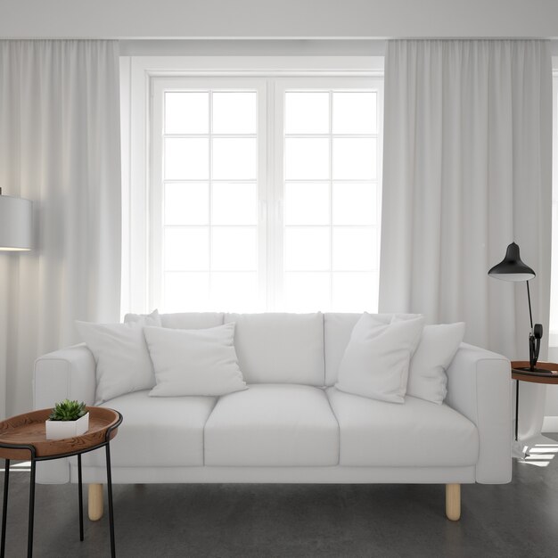 biała sofa pod oknem