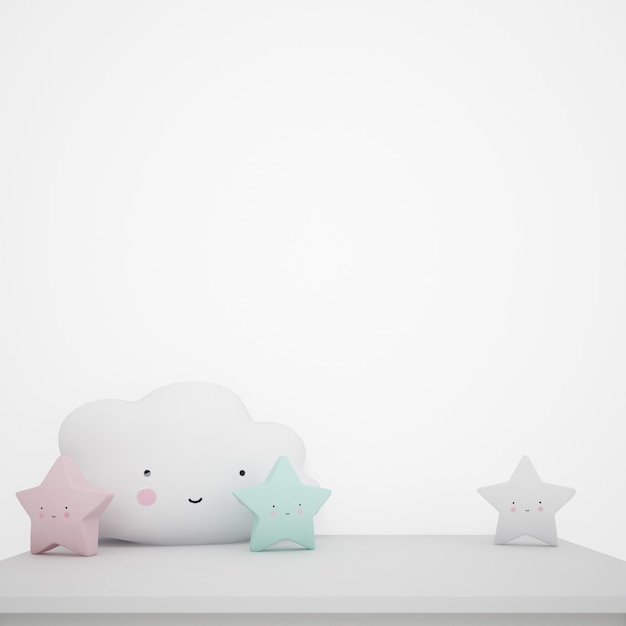 Biały stół ozdobiony przedmiotami dziecięcymi, chmurami kawaii i gwiazdkami