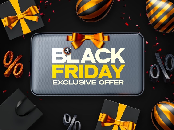 Bezpłatny plik PSD black friday sale tag z realistycznymi prezentami 3d i balonami