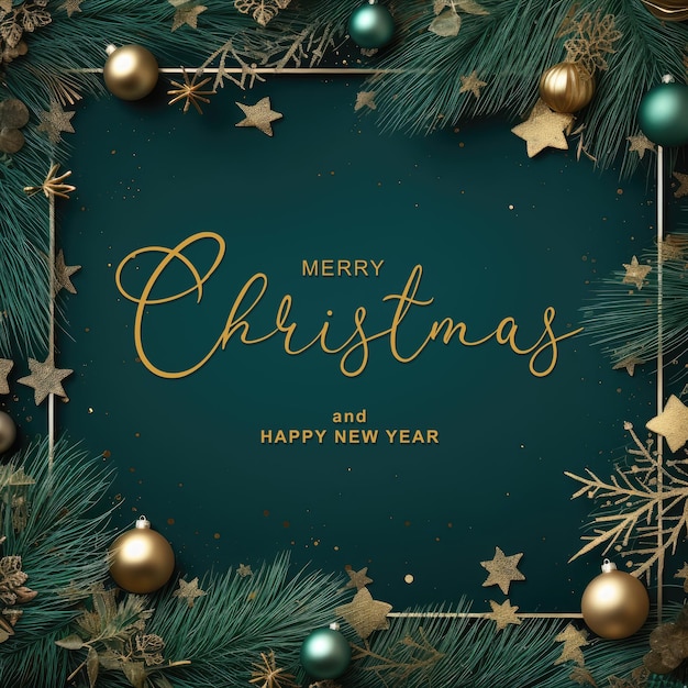 Bezpłatny plik PSD bożonarodzeniowe tło z gałęziami jęczmienia, złotymi gwiazdami i baubles