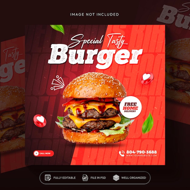 Burger Food Promocja W Mediach Społecznościowych I Projektowanie Szablonu Postów Banerowych Na Instagramie