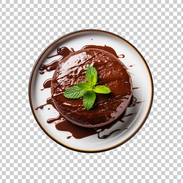 Bezpłatny plik PSD ciasto z puddingiem czekoladowym z sosem czekolady na talerzu