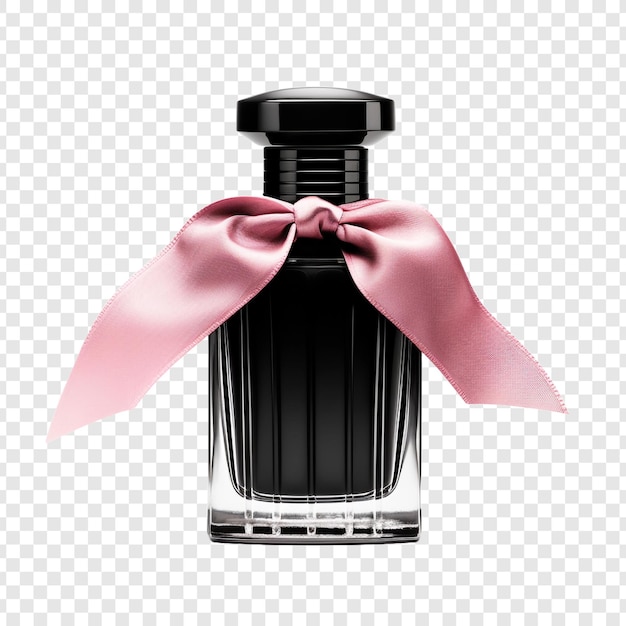 Bezpłatny plik PSD czarna szklana butelka z perfumami i różowa wstążka izolowana na przezroczystym tle