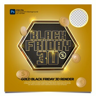Czarny piątek 30 procent zniżki sprzedaż renderowania 3d ze złotymi elementami w kolorze sześciokąta