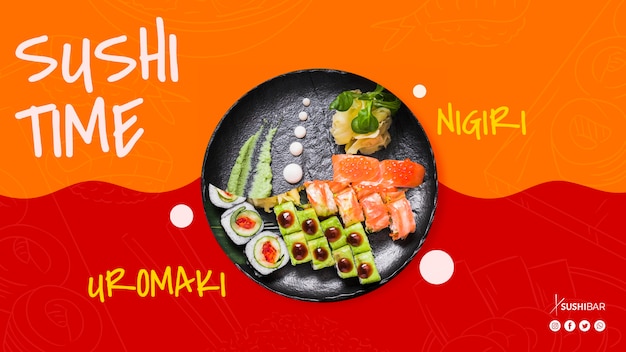 Czas sushi z nigiri i uramaki z surową rybą dla azjatyckiej orientalnej japońskiej restauracji lub sushibar