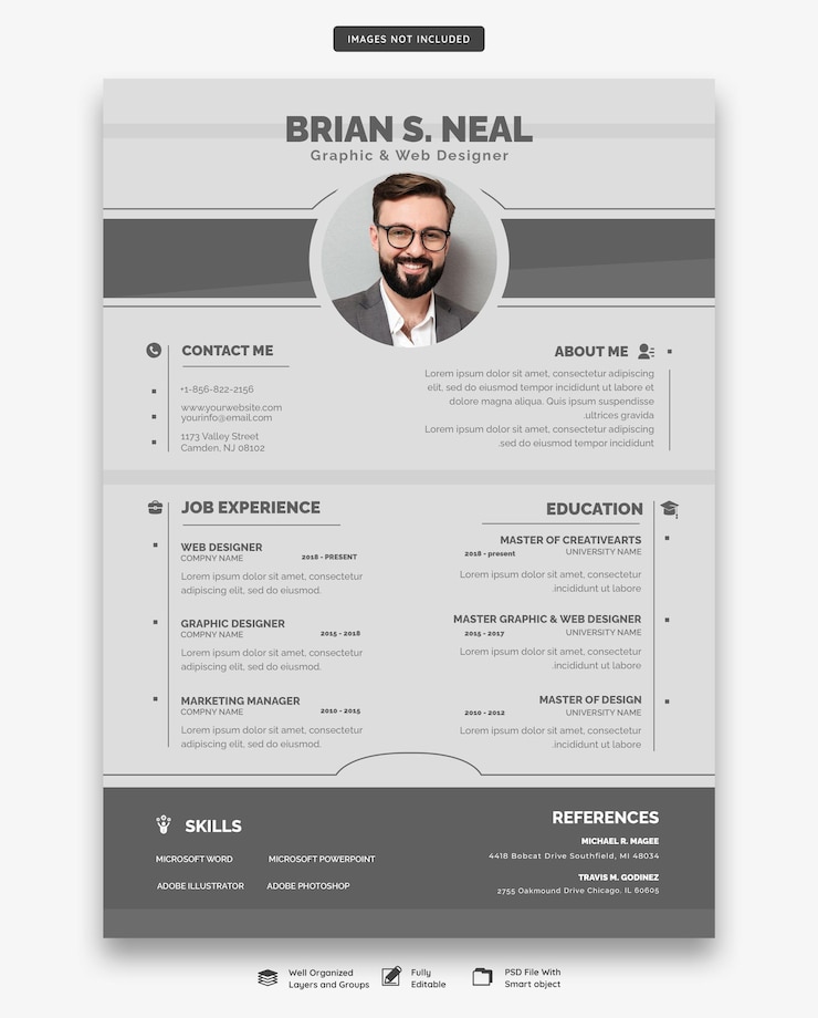Bezpłatny plik PSD czyste i nowoczesne portfolio cv lub szablon cv