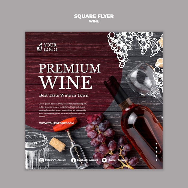 Degustacja wina, kwadratowy szablon projektu ulotki