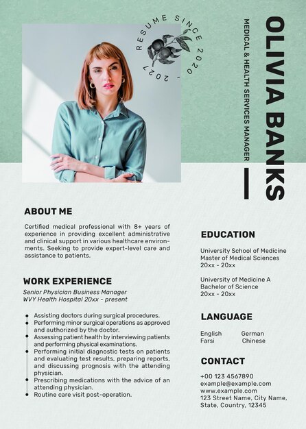 Edytowalny szablon CV psd w minimalnym motywie botanicznym ze zdjęciem