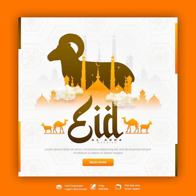 Bezpłatny plik PSD eid al adha mubarak islamski festiwal baner w mediach społecznościowych lub szablon postu na instagramie