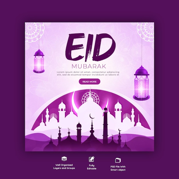 Bezpłatny plik PSD eid mubarak i eid ul fitr baner mediów społecznościowych lub szablon postu na instagramie