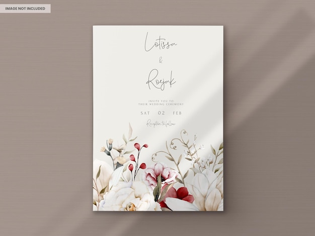 Bezpłatny plik PSD elegancka karta zaproszenie na ślub boho z suszonym kwiatowym i bordowym kwiatem