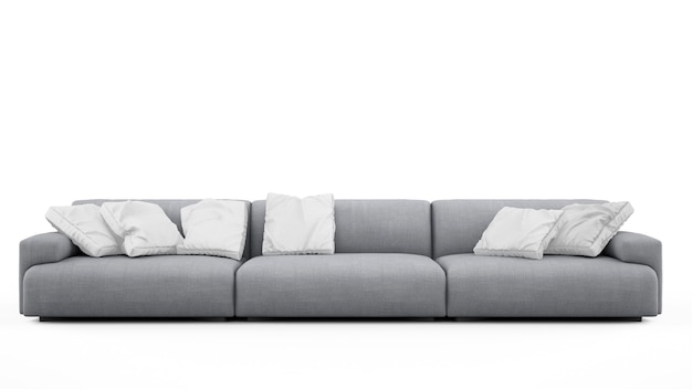 Elegancka szara sofa z poduszkami na białym tle