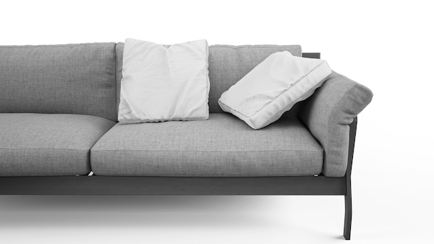 Elegancka szara sofa z poduszkami na białym tle