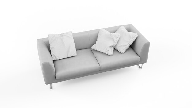 Elegancka szara sofa z poduszkami na białym tle