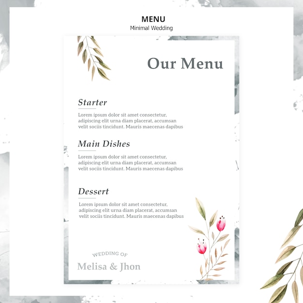 Bezpłatny plik PSD eleganckie menu weselne z przystawką