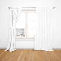 Bezpłatny plik PSD eleganckie okno z białymi zasłonami, drewniana podłoga