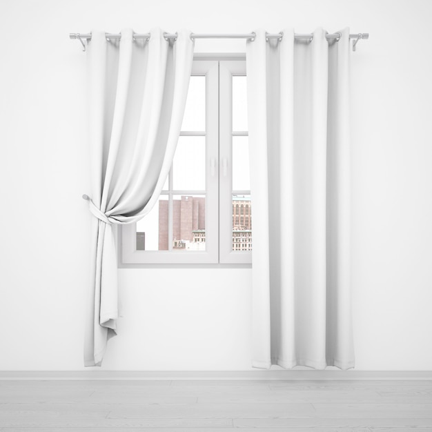 Eleganckie okno z białymi zasłonami na białej ścianie