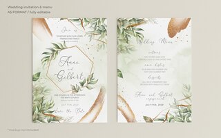 Eleganckie zaproszenie na ślub i szablon menu z liśćmi