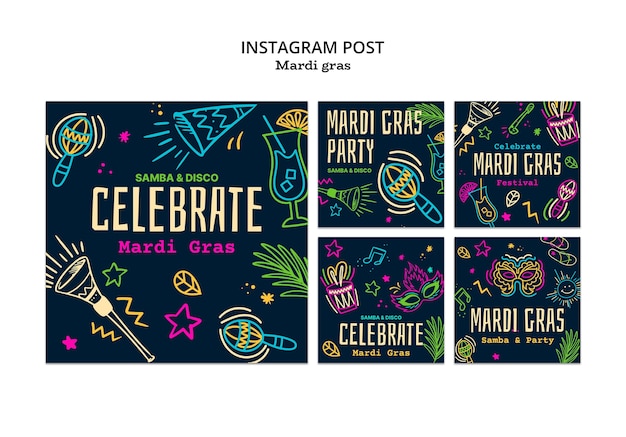 Bezpłatny plik PSD flat design mardi gras posty na instagramie