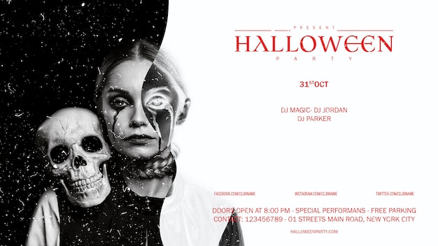 Frontowego widoku Halloween makijażu kobieta patrzeje w kamerze z czaszką