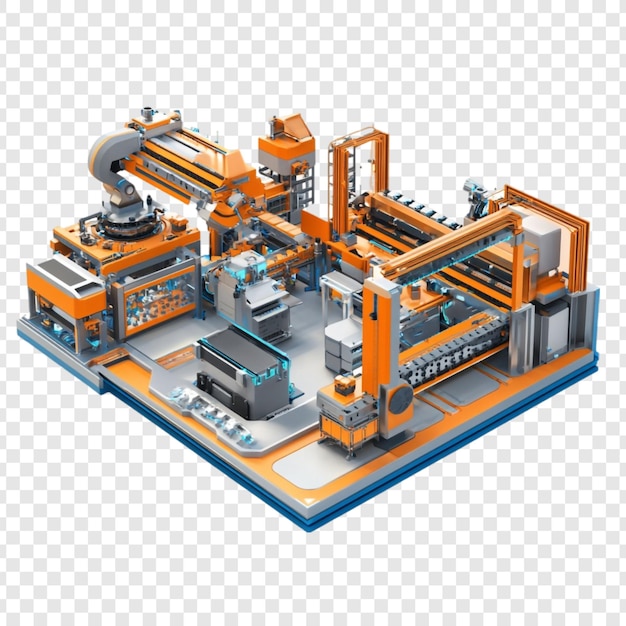 Futuristyczna automatyczna linia produkcyjna fabryki pomarańczowej i niebieskiej