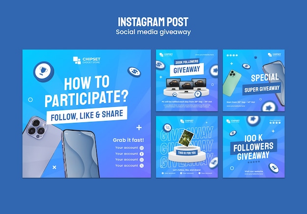 Bezpłatny plik PSD gradientowe posty na instagramie z nagrodami w mediach społecznościowych