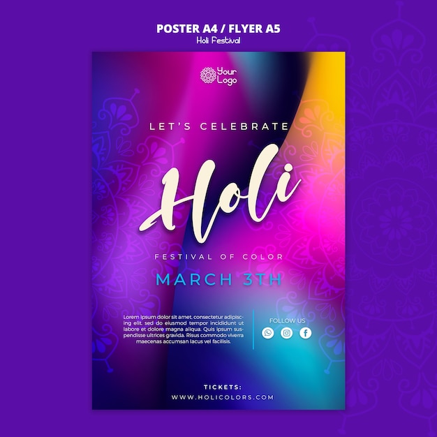 Gradientowy Kolorowy Szablon Plakatu Pionowego Festiwalu Holi