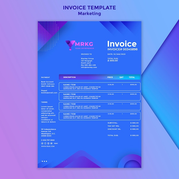 Bezpłatny plik PSD gradientowy szablon projektu faktury marketingowej