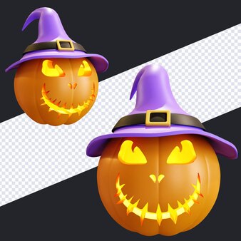 Halloweenowy wyraz twarzy dyni z fioletowym kapeluszem czarownicy 3d render ilustracji