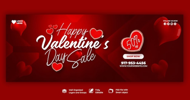 Bezpłatny plik PSD happy valentine's day rabatowa sprzedaż okładek na facebooku i szablon postów w mediach społecznościowych