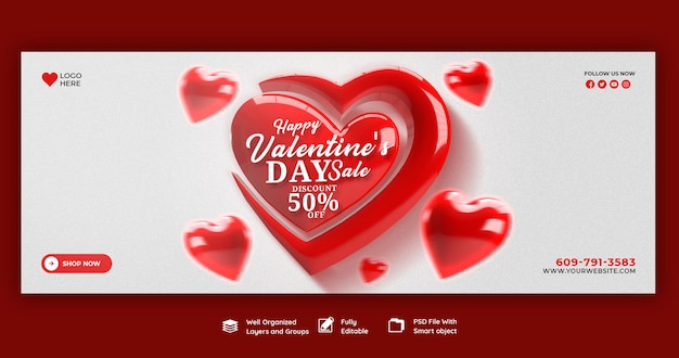 Bezpłatny plik PSD happy valentine's day rabatowa sprzedaż okładek na facebooku i szablon postów w mediach społecznościowych