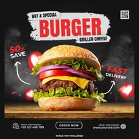 Bezpłatny plik PSD hot and spicy burger szablon mediów społecznościowych